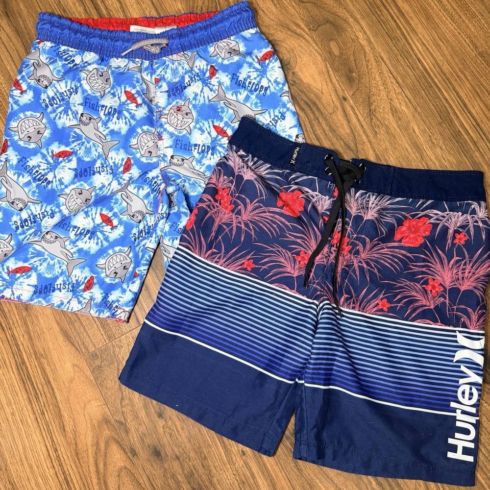 Boys Swim Trunks Lot Size 8 Hurley Sharks Tie Dye Palm Trees